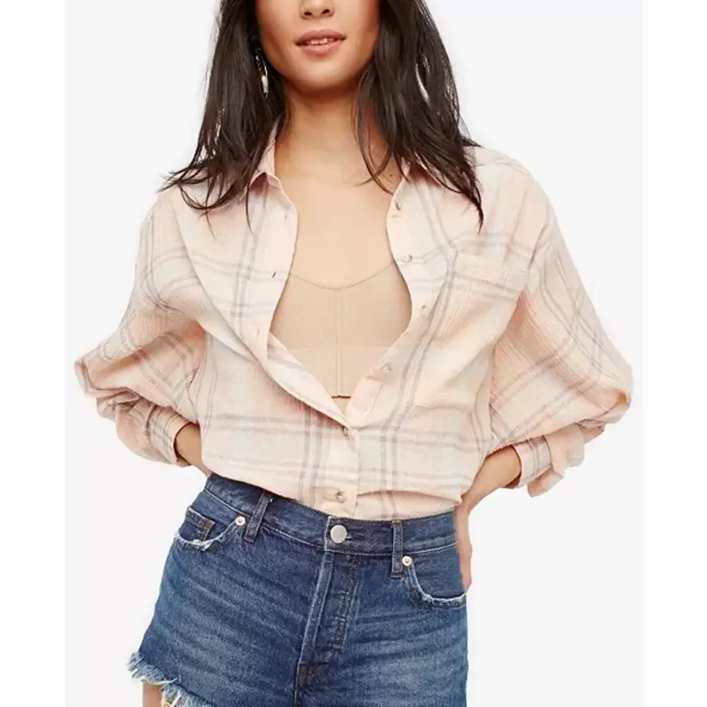 Free People Cotton Cropped Plaid Batwing Shirt Size Small Pink Boho Western